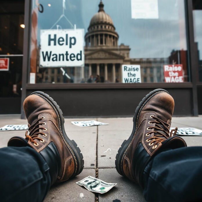 a low, personal angle looking up at worn work boots on a sidewalk outside a state capitol building