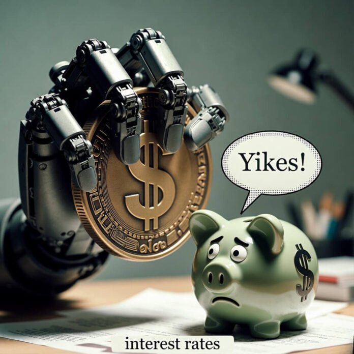 a giant mechanical hand squeezing a large dollar coin, a worried-looking piggy bank with a dollar sign staring