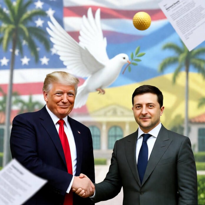 Trump and Zelenskyy handshake with peace dove at Mar-a-Lago.