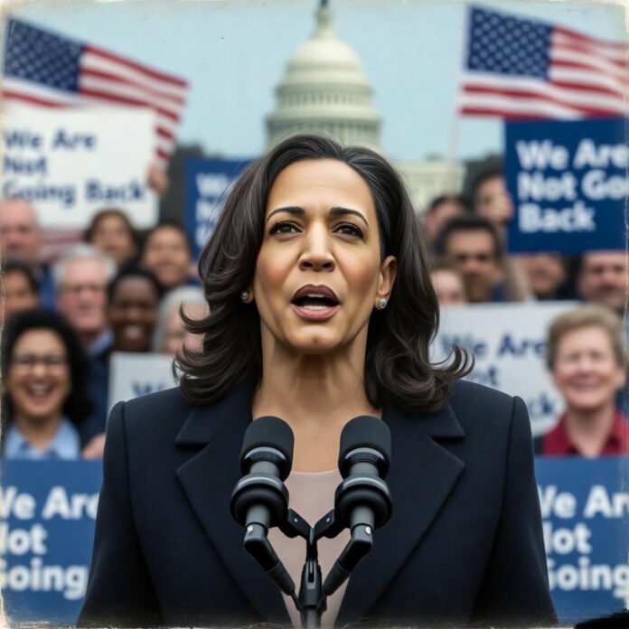 Kamala Harris passionately speaking at podium with rally crowd.