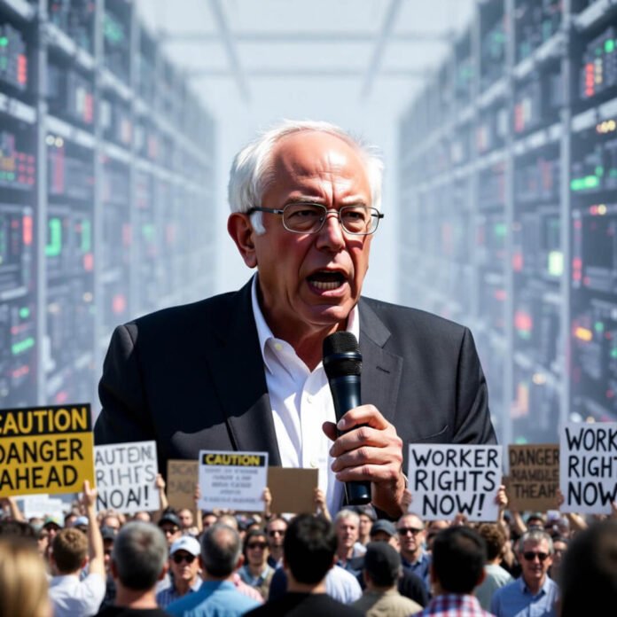 Bernie Sanders rallying against AI threats at data center protest.