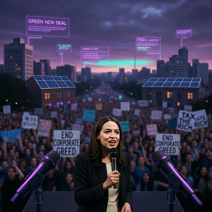 AOC speaking at Fighting Oligarchy rally with holographic signs.