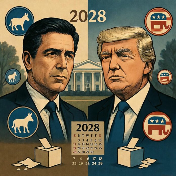 a split-screen montage of Democratic and Republican frontrunners facing