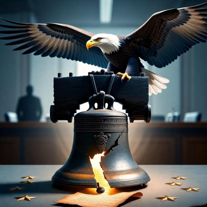 Liberty Bell with unfurling Constitution, eagle soaring above courtroom.