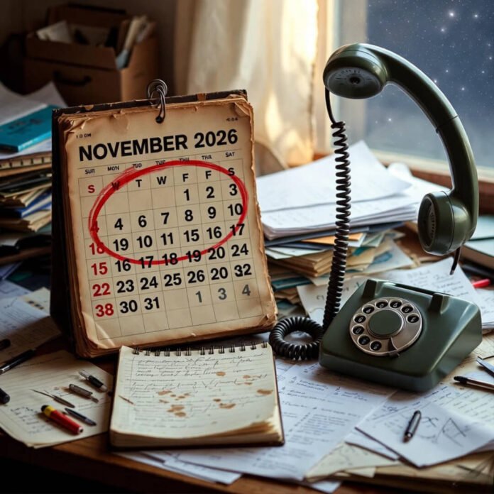 Cluttered desk with circled November 2026 calendar and rotary phone.