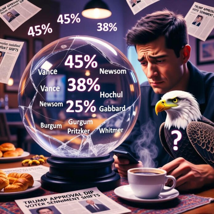 cracked crystal ball with floating poll numbers and candidate names like Vance and Newsom