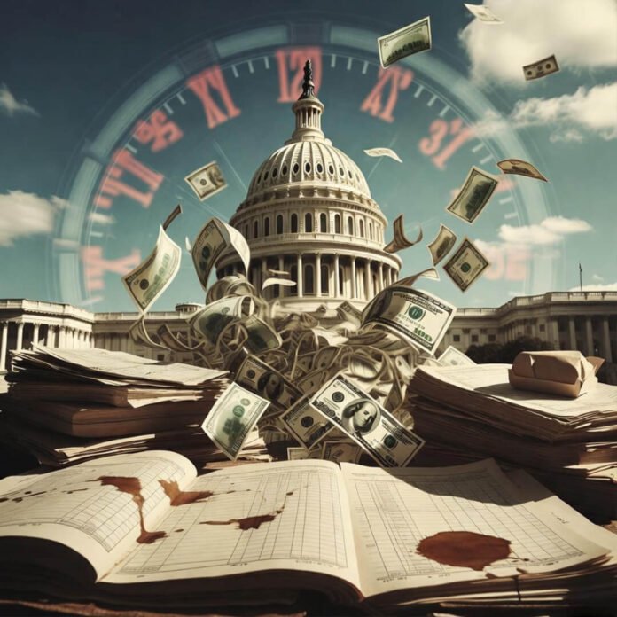Capitol dome partially obscured by swirling dollar bills and stacked budget ledgers