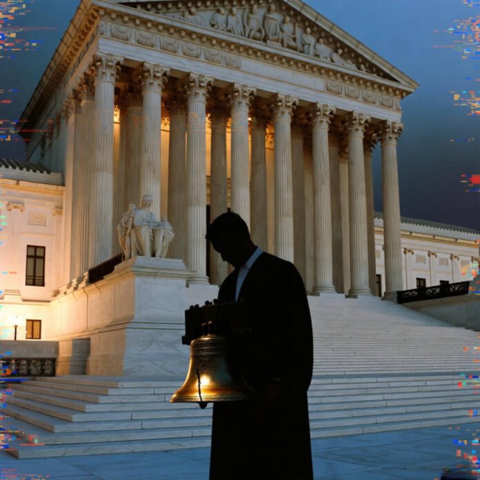 shadowy judicial figure in the foreground holding a cracked Liberty