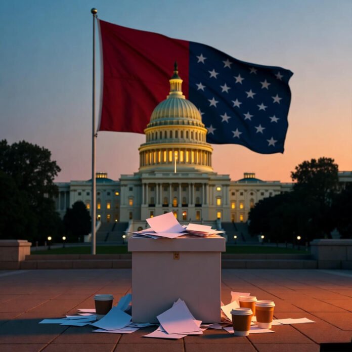 ballot box overflowing with votes in front of the Capitol dome at dusk