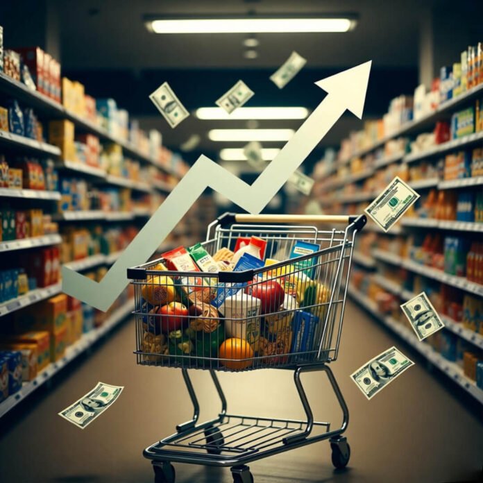a half-empty grocery cart in a dimly lit supermarket aisle, an overlaid semi-transparent