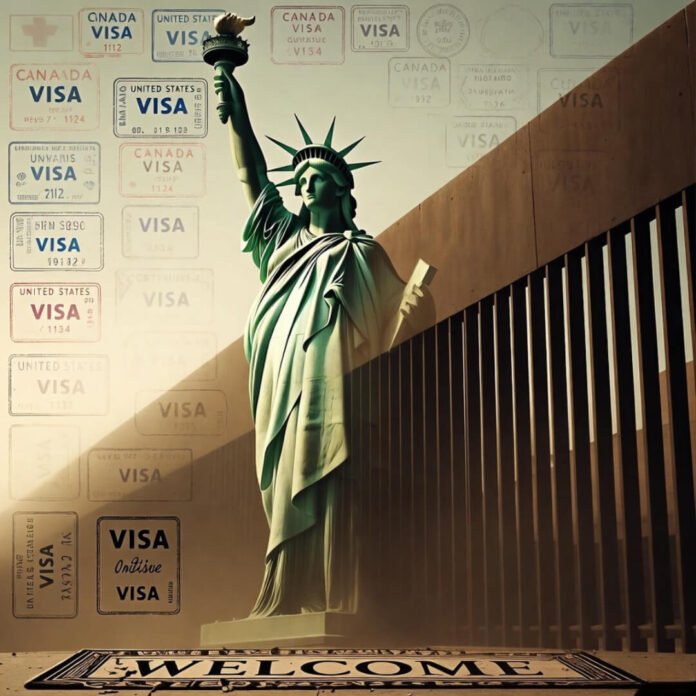 a towering border wall, and scattered visa stamps overlaid like fading memories.