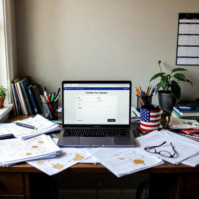 Cluttered desk with laptop on senator contact form, flag mug.
