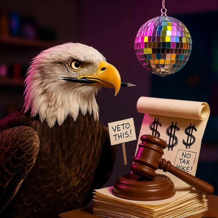 featuring a confused bald eagle clutching a pen in its beak,