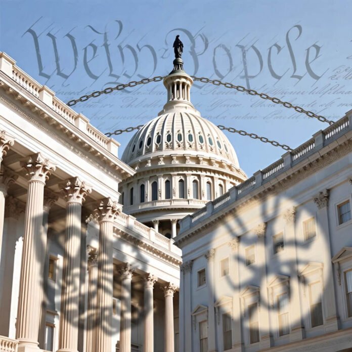 iconic Capitol dome intertwined with subtle chains symbolizing checks and balances