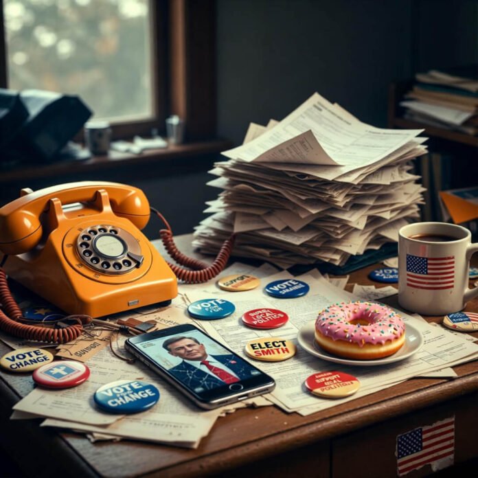 Cluttered desk with rotary phone, political buttons, donut.